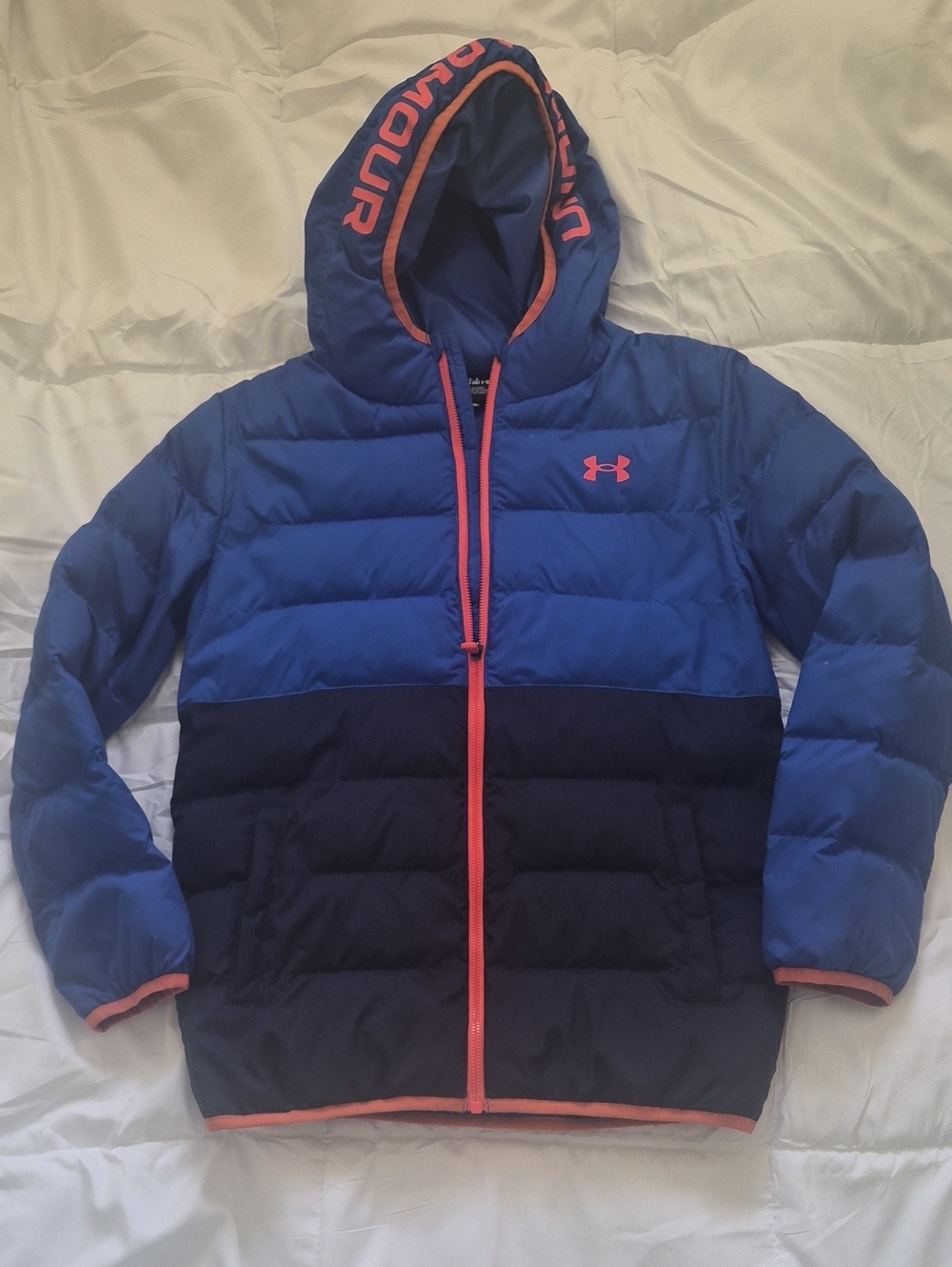 Under Armour Blue and Navy Hooded Puffer Jacket with Pink Trim